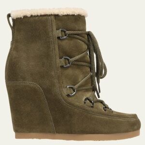 Veronica Beard Elfred Suede Shearling Laced Up Wedges Booties~Size:5~olive green
